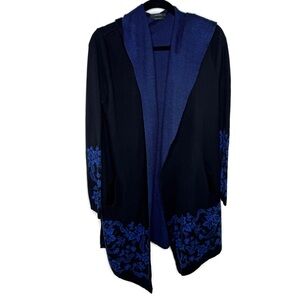 Vertigo Paris Black Hooded Long Cardigan with Blue Floral Accents size Medium